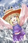  1girl absurdres blonde_hair copyright_request frog hat hiclassfanclub highres moriya_suwako water water_drop yellow_eyes 