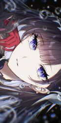  1girl black_background black_hair blue_eyes bubble colored_inner_hair commentary_request earrings gloves gradient_eyes headpiece highres hogecha honkai:_star_rail honkai_(series) hysilens_(honkai:_star_rail) jewelry long_hair looking_at_viewer multicolored_eyes multicolored_hair parted_lips partial_commentary single_earring violet_eyes 