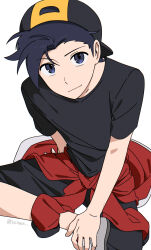  1boy backwards_hat black_hair black_hat black_pants black_shirt chueog closed_mouth clothes_around_waist ethan_(pokemon) from_above grey_shoes hat highres jacket jacket_around_waist looking_at_viewer looking_up male_focus pants pokemon pokemon_heartgold_and_soulsilver shirt shoes short_hair short_sleeves simple_background smile solo t-shirt white_background 