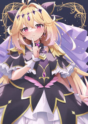  1girl antenna_hair black_bow black_capelet black_dress blonde_hair blush bow capelet commentary_request cure_arcana_shadow dress frilled_capelet frills gradient_hair hair_between_eyes hair_intakes hand_up heart highres index_finger_raised long_hair looking_at_viewer meitantei_precure! moria_luluka multicolored_hair nail_polish parted_lips pink_hair precure purple_nails red_eyes solo very_long_hair wrist_cuffs yuuri_nayuta 