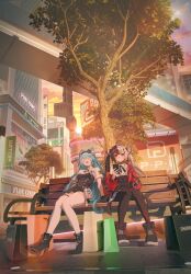  2girls absurdres animal_ears aqua_hair black_bodysuit black_hair black_pantyhose black_skirt blueland bodysuit cat_ears cat_girl cat_tail cellphone closed_eyes colored_eyelashes commentary_request highres holding holding_phone jacket lacrimosa_(neverness_to_everness) looking_at_viewer mint_(neverness_to_everness) multicolored_hair multiple_girls neverness_to_everness on_bench open_mouth pantyhose phone pink_hair red_jacket shirt skirt smartphone split-color_hair tail thigh-highs twintails two-tone_hair white_hair white_shirt white_thighhighs 
