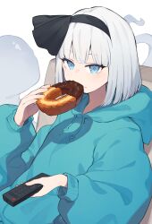  1girl black_hairband blue_eyes blue_hoodie commentary_request controller doughnut eating food food_on_face garasuno grey_hair hairband highres hitodama holding holding_controller holding_donut holding_food holding_remote_control hood hoodie konpaku_youmu konpaku_youmu_(ghost) long_sleeves medium_hair puffy_long_sleeves puffy_sleeves remote_control shadow simple_background solo touhou white_background 