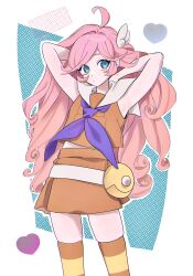  1girl absurdres ahoge armpits arms_behind_head arms_up belt blue_eyes blue_neckerchief brown_shirt closed_mouth cowboy_shot curly_hair earrings eyelashes fanny_pack green_eyes hair_ornament heart heart_ahoge highres jewelry long_hair looking_at_viewer looking_to_the_side miniskirt muu_dtitr neckerchief orange_shirt orange_skirt orange_thighhighs pink_hair pouch puckered_lips purple_neckerchief puyopuyo raffina_(puyopuyo) sailor_collar school_uniform shirt skirt sleeveless sleeveless_shirt solo standing striped_clothes striped_thighhighs swept_bangs thigh-highs very_long_hair white_belt wing_hair_ornament yellow_thighhighs zettai_ryouiki 