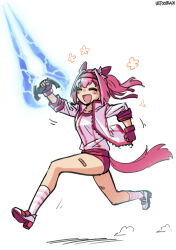  ^_^ absurdres artist_name bandaid bloomers blush_stickers closed_eyes commentary drawn_flower dust_cloud energy_sword hairband halo_(series) haru_urara_(bestest_prize)_(umamusume) haru_urara_(umamusume) highres holding holding_sword holding_weapon horse_tail kaibootsu open_mouth pink_bloomers pink_hairband ponytail raised_eyebrows running_towards_viewer socks striped_clothes striped_socks sword tail tail_through_clothes type-1_energy_sword umamusume weapon white_background 