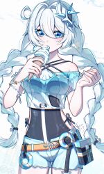  1girl absurdres artist_name black_one-piece_swimsuit blue_eyes blue_shirt braid chinese_commentary commentary cutescookie food highres holding holding_food holding_ice_cream holding_ice_cream_cone honkai_(series) honkai_impact_3rd ice_cream ice_cream_cone kiana_kaslana kiana_kaslana_(divine_prayer) kiana_kaslana_(sea_&amp;_breeze) long_hair one-piece_swimsuit shirt shorts signature solo swimsuit twin_braids very_long_hair white_hair white_shorts 