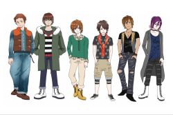  6+boys animal_print belt black_belt black_shirt black_shoes blue_pants blue_shirt boots bracelet brown_hair brown_pants brown_shoes commentary_request dark-skinned_male dark_skin denim denim_shirt ezaki_bisuko fashion full_body fur-trimmed_jacket fur_trim green_jacket green_shirt grey_jacket grey_shirt grey_shoes grey_vest gyaruo highres hipster jacket jeans jewelry layered_clothes leopard_print long_sleeves looking_at_viewer male_focus multiple_boys neckerchief necklace open_clothes open_jacket open_vest orange_vest original pants plaid_clothes plaid_shirt polka_dot polka_dot_shirt purple_hair red_neckerchief shirt shoes short_hair simple_background skull_print sneakers standing striped_clothes striped_shirt studded_belt tan torn_clothes torn_pants vest wallet_chain white_background white_boots white_pants yellow_boots 