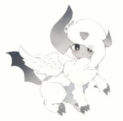  absol claws eyes_visible_through_hair feathered_wings highres mega_absol mega_pokemon no_humans open_mouth pokemon pokemon_(creature) pokemon_focus shirasuame_shiromaru shirt solo white_hair white_shirt wings 