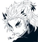  1boy blood demon_slayer_uniform fire_breath1 from_side greyscale highres kimetsu_no_yaiba looking_afar male_focus monochrome multicolored_hair parted_lips portrait rengoku_kyoujurou short_ponytail simple_background solo streaked_hair thick_eyebrows white_background 