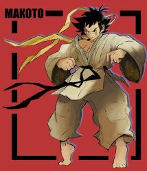  1girl 5_stargold barefoot black_hair breasts character_name choker dougi fighting_stance full_body highres japanese_clothes karate_gi makoto_(street_fighter) male_focus martial_arts_belt red_background ribbon_choker sarashi short_hair solo street_fighter tiptoes tomboy 