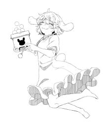  1girl :q animal_ears barefoot bloomers blush carrot_necklace closed_eyes closed_mouth commentary_request dango floppy_ears food full_body greyscale inaba_tewi jewelry mizuni_takenoko monochrome necklace pendant rabbit_ears rabbit_girl rabbit_tail sanbou solo tail toes tongue tongue_out touhou tsukimi_dango wagashi 