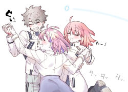  1boy 2girls absurdres ahoge black_gloves chaldea_logo closed_eyes colored_inner_hair command_spell commentary_request fate/grand_order fate_(series) final_chapter_(fate/grand_order) fujimaru_ritsuka_(female) fujimaru_ritsuka_(female)_(decisive_battle_chaldea_uniform) fujimaru_ritsuka_(male) fujimaru_ritsuka_(male)_(decisive_battle_chaldea_uniform) gloves highres jacket long_sleeves mash_kyrielight mash_kyrielight_(chaldea_uniform) medium_hair mitsurugi_sugar multicolored_hair multiple_girls open_mouth orange_hair pink_hair purple_hair short_hair smile white_jacket 
