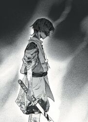  1boy arm_at_side blood blood_on_clothes blunt_ends bow burn_scar clothing_cutout facing_to_the_side feathers from_side genshin_impact greyscale highres holding holding_sword holding_weapon japanese_clothes kariginu katana layered_sleeves male_focus mimochs monochrome pelvic_curtain pom_pom_(clothes) profile sash scar scaramouche_(genshin_impact) scaramouche_(kabukimono)_(genshin_impact) shorts shoulder_cutout side_cutout smoke solo string sword weapon 