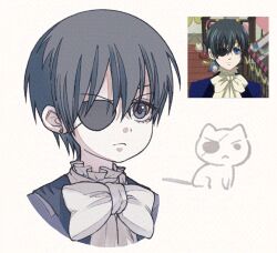 1boy bow bowtie cat ciel_phantomhive cropped_shoulders derivative_work earrings eyepatch frilled_shirt_collar frills grey_eyes grey_hair jewelry kuroshitsuji looking_ahead male_focus screenshot_inset screenshot_redraw short_hair solo stud_earrings tjdsu69 