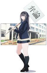  1girl absurdres alternate_costume arknights black_hair black_hairband black_jacket black_shoes black_skirt black_socks blazer brown_sweater buttoned_cuffs buttons closed_mouth commentary_request diamond-shaped_pupils diamond_(shape) full_body hair_between_eyes hairband highres holding holding_sign jacket kneehighs kyrill layered_sleeves long_hair long_sleeves looking_at_viewer miniskirt partial_commentary plaid_clothes plaid_skirt pleated_skirt priestess_(arknights) school_uniform shoes sign single_sleeve_past_wrist skirt socks solo split_mouth standing sweater symbol-shaped_pupils violet_eyes 