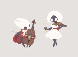  2girls adapted_costume arthropod_girl bare_shoulders black_eyes black_skin blank_eyes bow bowtie cello cloak colored_skin commentary dress full_body grey_background hat highres hollow_eyes hollow_knight hollow_knight:_silksong horned_mask hornet_(hollow_knight) horns instrument lace_(hollow_knight) looking_at_another mask multiple_girls needle_(hollow_knight) pecan_pecker pin_(hollow_knight) playing_instrument red_cloak red_ribbon ribbon sitting standing violin white_bow white_dress white_eyes white_hat white_mask 