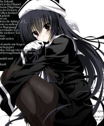  1girl 2000s_(style) amamiya_yuuko black_boots black_dress black_hair black_pantyhose boots dress ef_(visual_novel) gloves hair_between_eyes hat highres long_sleeves looking_at_viewer pantyhose red_eyes sailor_hat smile solo squatting takanashi_(takanya_shi) translation_request white_gloves 