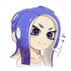  1girl blue_eyes blue_hair closed_mouth collarbone commentary_request eyelashes highres long_hair mizututigi octoling octoling_girl octoling_player_character puff_of_air purple_hair shirt simple_background solo splatoon_(series) tentacle_hair thick_eyebrows upper_body white_background white_shirt 