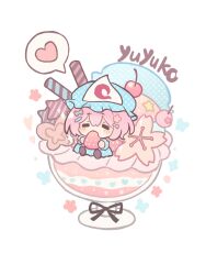  1girl blue_hat blue_kimono cherry closed_eyes commentary eating facing_viewer food fruit hat heart highres holding holding_food holding_fruit ice_cream japanese_clothes kimono long_sleeves mini_person minigirl mob_cap parfait pink_hair saigyouji_yuyuko silverrain solo spoken_heart strawberry touhou triangular_headpiece wafer_stick 