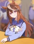  1girl absurdres animal_ears blurry blurry_background blush bow bowtie breasts brown_hair closed_mouth head_tilt highres horse_ears indoors kusanagi_kaoru long_hair long_sleeves looking_at_viewer multicolored_hair outstretched_arm purple_shirt sailor_collar school_uniform shirt small_breasts smile solo streaked_hair symboli_rudolf_(umamusume) table tracen_school_uniform umamusume upper_body violet_eyes 