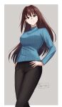  1girl aozaki_aoko black_pants blue_eyes blue_sweater brown_hair commentary hair_intakes hand_on_own_hip highres long_hair mahou_tsukai_no_yoru pants shintyoi2 signature simple_background solo sweater turtleneck turtleneck_sweater type-moon 