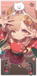  1girl animal_ears animal_on_head blonde_hair border cat cat_on_head cho_kaguya-hime! closed_mouth commentary_request crescent crescent_hair_ornament from_above full_body hair_ornament highres japanese_clothes kaguya_(cho_kaguya-hime!) kimono long_hair looking_at_viewer lop_rabbit_ears on_head outline pekenpon rabbit_ears red_kimono red_shoes shoes solo standing v v_over_eye w white_border white_outline 