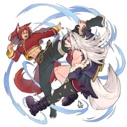  2girls abs absurdres air_current animal_ear_fluff animal_ears animus_(awastedninja) artist_logo black_lips black_pants black_shoes boots braid breasts chinese_clothes colored_sclera commentary commission cropped_jacket eku_(awastedninja) english_commentary fighting flipped_hair fox_ears fox_girl fox_tail fur-trimmed_jacket fur_trim gourd highres jacket jacket_partially_removed kicking logo long_hair looking_at_another martial_arts medium_breasts midriff multiple_girls open_clothes open_jacket original pants piccolourme purple_boots red_hair red_jacket red_sash red_sclera red_tail rope_belt sash shoes tail tangzhuang torn_clothes v-shaped_eyebrows white_background white_hair white_tail 