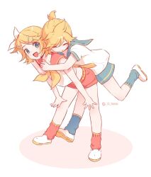  1boy 1girl :d blonde_hair blue_eyes brother_and_sister closed_eyes commentary full_body g_hana grey_sailor_collar grey_shorts grey_socks hair_ornament hairclip highres hug kagamine_len kagamine_rin leaning_forward looking_at_viewer neckerchief number_tattoo open_mouth parallel_hairclips red_sailor_collar red_shorts red_socks sailor_collar school_uniform shirt shoes short_hair short_shorts shorts siblings sidelocks simple_background smile socks standing standing_on_one_leg tattoo twins twitter_username untranslatable_commentary vocaloid white_background white_shirt white_shoes yellow_neckerchief 