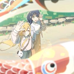  2girls ahoge auklet5580 black_hair blonde_hair cho_kaguya-hime! collarbone collared_shirt commentary fushi_(cho_kaguya-hime!) grass green_eyes grey_jacket highres holding_hands jacket kaguya_(cho_kaguya-hime!) koinobori long_hair long_skirt long_sleeves medium_hair mole mole_under_eye multiple_girls open_mouth red_eyes sakayori_iroha shading_eyes shirt shorts skirt smile very_long_hair windsock 