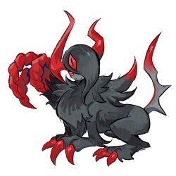  absol alternate_color alternate_shiny_pokemon animal_focus asymmetrical_horns bairizuomeng black_fur full_body hair_over_one_eye horizontal_pupils horns looking_at_viewer lying mega_absol_z mega_pokemon no_humans pokemon pokemon_(creature) pokemon_focus red_claws red_eyes red_wings simple_background single_wing solo uneven_horns white_background wings 