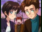  1990s_(style) 1girl 2boys animification blue_eyes blue_sweater blush brenni_murasaki brown_hair brown_shirt brown_vest glasses hal_stewart jacket megamind megamind_(movie) multiple_boys open_mouth purple_jacket redhead retro_artstyle roxanne_ritchi shirt short_hair sky smile sunset surprised sweater twitter_username vest white_shirt wide-eyed 