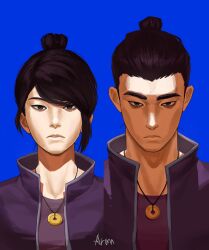  1boy 1girl aranace bags_under_eyes black_eyes black_hair blue_background blue_shirt coin dual_persona expressionless female_protagonist_(sifu) gold_coin hair_bun highres jacket jewelry looking_at_viewer male_protagonist_(sifu) open_clothes open_jacket pendant portrait shirt short_hair sidelocks sifu_(game) signature simple_background single_hair_bun split_screen straight-on swept_bangs 