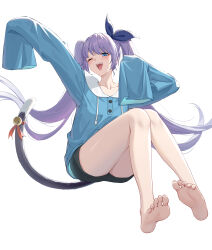  1girl ;d absurdres bare_legs barefoot bell black_shorts blue_eyes blue_hoodie blue_ribbon blush cat_girl cat_tail commentary_request du_mogu excited full_body hair_ribbon half-closed_eye hand_up happy highres hood hoodie knees_up legs long_hair one_eye_closed original outstretched_arm oversized_clothes purple_hair ribbon short_shorts shorts smile solo tail tail_bell tail_ornament thighs twintails very_long_hair 