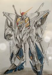  absurdres commentary_request green_eyes gundam gundam:_hathaway's_flash highres katsu_(24791909) marker_(medium) mecha mecha_focus mobile_suit no_humans realistic robot scan science_fiction traditional_media v-fin xi_gundam 