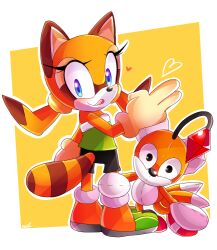  1girl animal_ears black_nose black_shorts blue_eyes brown_fur eyelashes florynrosee furry furry_female marine_the_raccoon orange_fur raccoon_ears raccoon_girl raccoon_tail shorts sonic_(series) sonic_rush_adventure tail tails_doll tongue tongue_out twintails 