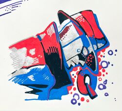  abstract blank_eyes bubble coat fangs fedora from_side hat highres open_mouth q_(street_fighter) robot sharp_teeth simple_background solo street_fighter street_fighter_iii_(series) teeth toubankaware traditional_media white_background white_eyes 
