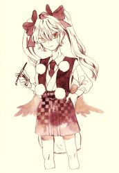  1girl adapted_costume black_necktie bow checkered_clothes checkered_skirt clothing_request collared_shirt commentary feathered_wings hair_bow hand_on_own_hip hat highres himekaidou_hatate holding kz_m_i long_sleeves necktie open_mouth pom_pom_(clothes) purple_bow purple_hair purple_skirt shirt skirt solo standing tokin_hat touhou twintails white_shirt wings 