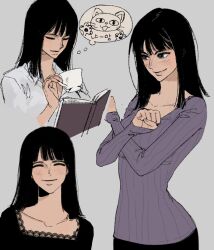  1girl ^_^ black_hair blue_eyes blunt_bangs blush book closed_eyes commentary_request cup holding holding_book holding_cup korean_commentary long_hair long_sleeves multiple_views nico_robin one_piece ppyobong11 purple_shirt shirt simple_background speech_bubble striped_clothes striped_shirt thought_bubble vertical-striped_clothes vertical-striped_shirt white_shirt 