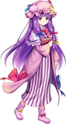  1girl blue_bow book boots bow bowtie closed_mouth crescent crescent_hat_ornament dress footwear_bow full_body game_asset hair_bow hat hat_ornament highres holding holding_book long_hair looking_at_viewer mob_cap multiple_hair_bows official_art patchouli_knowledge pink_boots pink_dress pink_hat purple_hair red_bow red_bowtie rotte_(1109) simple_background solo striped_clothes striped_dress third-party_source touhou touhou_lostword transparent_background vertical-striped_clothes vertical-striped_dress very_long_hair violet_eyes yellow_bow 