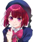  1girl arima_kana beret blue_headwear blue_jacket bow closed_mouth collared_shirt commentary_request finger_to_mouth hat highres jacket oshi_no_ko pink_bow red_eyes redhead school_uniform shirt short_hair simple_background smile solo unajuu_10 