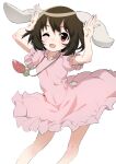  1girl ;d animal_ears arms_up bare_legs black_hair body_blush carrot carrot_necklace covered_navel dot_nose dress feet_out_of_frame floating_hair floppy_ears frilled_dress frilled_sleeves frills inaba_tewi jewelry light_blush looking_at_viewer necklace one-hour_drawing_challenge one_eye_closed open_mouth pink_dress polpol puffy_short_sleeves puffy_sleeves rabbit_ears rabbit_girl rabbit_pose rabbit_tail red_eyes short_hair short_sleeves simple_background smile solo standing tail touhou vignetting white_background 