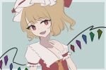  0maisar 1girl :d blonde_hair bow crystal fang fangs flandre_scarlet hair_bow hat hat_ribbon mob_cap one_side_up outline red_eyes red_vest ribbon simple_background skin_fang smile touhou vest white_outline wings yellow_ribbon 