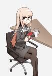  1girl absurdres alternate_costume black_pantyhose black_skirt blonde_hair business_suit cellphone chair coffee collared_shirt commentary commission crossed_legs cup disposable_cup feet_out_of_frame formal girls_frontline glasses grey_background highres holding holding_cup holding_phone long_hair looking_at_viewer neonfloyd office_chair office_lady on_chair pantyhose pencil_skirt phone red_eyes shirt simple_background sitting skirt skirt_suit smartphone smile solo suit swivel_chair table type_80_(girls&#039;_frontline) white_shirt 