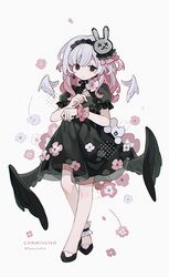  1girl black_dress black_footwear black_wings commission detached_wings dress full_body gradient_hair grey_hair hair_ornament highres kanae_(cookie) long_hair low_wings multicolored_hair original pink_hair rabbit_hair_ornament solo white_wings wings 