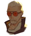  1boy animification apex_legends ballistic_(apex_legends) black_eyes black_jacket facial_hair goatee grey_hair hair_slicked_back highres jacket looking_down old old_man parted_lips portrait red-tinted_eyewear rosshiwo round_eyewear shirt solo tinted_eyewear white_background white_shirt 