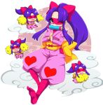  1girl bow clouds fujiwhite182 heart heart_in_mouth heart_print kuji-in long_hair mask mouth_mask ninja ninja_mask one_eye_closed open_mouth pink_bow pom_pom_(cheerleading) ponytail pop&#039;n_music purple_hair scroll shinobi_anko 