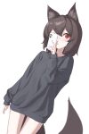  1girl absurdres animal_ear_fluff animal_ears black_sweater brown_hair cellphone ellu highres looking_at_viewer no_pants original parted_lips phone red_eyes short_hair simple_background smartphone sweater tail white_background 