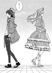  1boy 1girl ahoge blush crossdressing dress eyeshadow frilled_dress frills full_body greyscale highres kanazawa_shinnosuke light_smile lolita_fashion makeup monochrome original outdoors pants parted_lips profile punk sweet_lolita thought_bubble torn_clothes torn_pants walking 