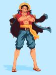  1boy abs aged_up alternate_body_hair alternate_facial_hair arm_hair belt closed_eyes coat coat_on_shoulders cross_scar crossed_arms crown denim denim_shorts facial_hair full_body hat highres male_focus mature_male monkey_d._luffy mustache one_piece open_clothes open_shirt red_shirt ruben_menzel sandals scar scar_on_face scar_on_forehead shirt short_hair shorts solo standing stomach straw_hat stubble toned toned_male 