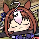  1girl :3 ahoge bow bowtie brown_hair commentary fence hair_ribbon hairband horse_girl horseshoe_ornament jazz_jack lowres meisho_doto_(racehorse) meisho_doto_(umamusume) photo-referenced pink_hairband purple_bow purple_bowtie purple_ribbon purple_serafuku purple_shirt ribbon sailor_collar sailor_shirt school_uniform serafuku shirt short_hair sleeping solo tracen_school_uniform umamusume upper_body white_hair 