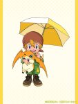  :d blonde_hair blue_eyes boots brown_footwear child commentary_request digimon digimon_(creature) digimon_adventure digimon_crest do-rag green_jumpsuit highres holding holding_umbrella jumpsuit male_child official_art one_eye_closed open_mouth patamon smile takaishi_takeru umbrella yellow_umbrella 